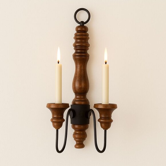 Wooden Double Arm Wall Candle Sconce VTG Turned Wood Wrought Iron Taper Holder - Picture 2 of 16